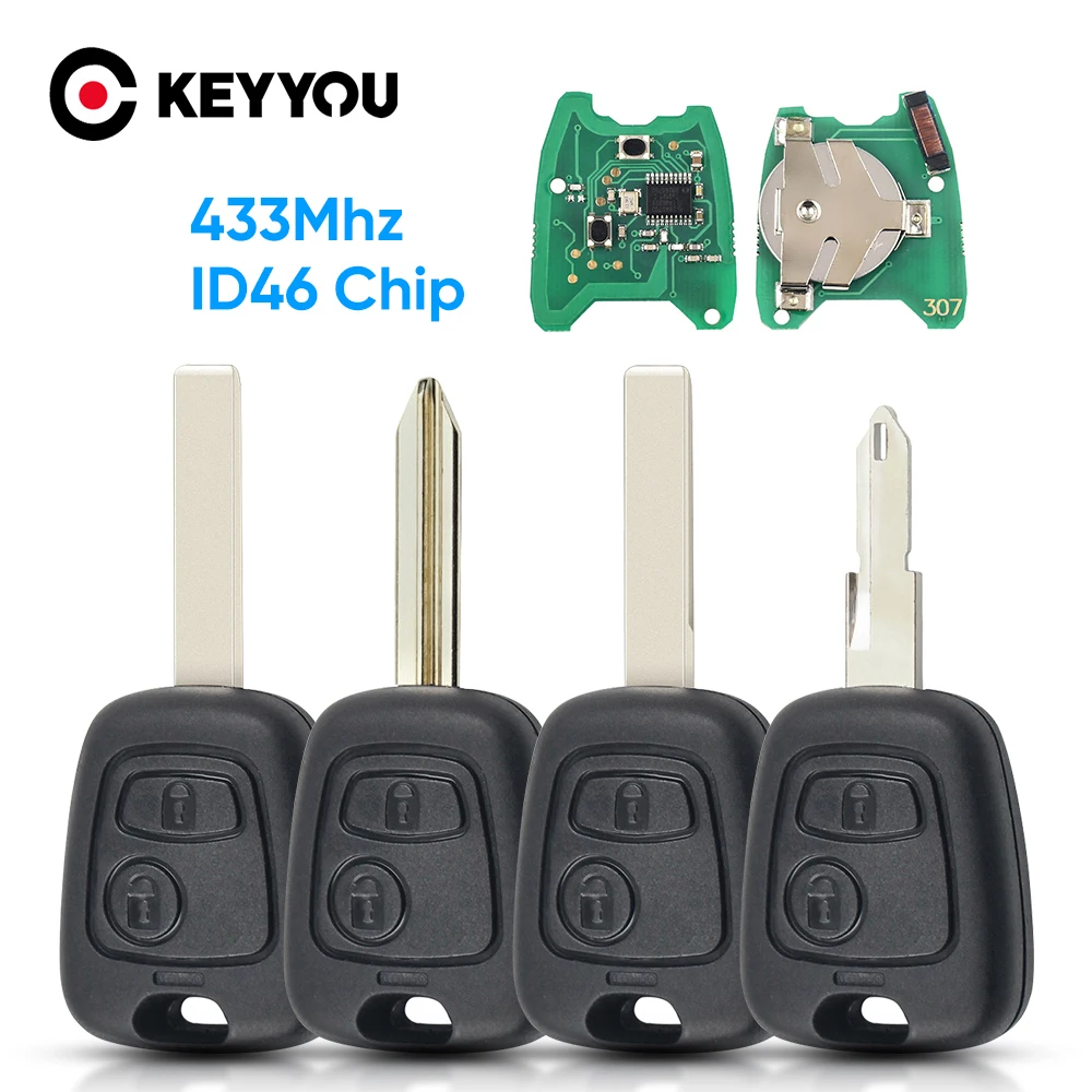 Keyyou-リモート制御車のキーHU83/va2/ne72/sx9,Peuugeot 307 207 407,Citroen用ブレードid46チップ,c1 c2 c3 433mhz