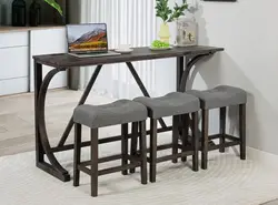 Dining Bar Table and Chairs with Power Outlet, 4 Piece Bar Table Set with Chairs, Sofa Bar Table with 3 Padded Stools