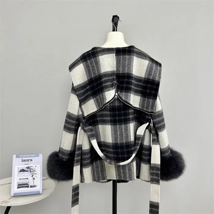 เสื้อคลุมลายสก็อตขนฟ็อกซ์ 25Ss รุ่นใหม่ ปี 2025 สไตล์เกาหลี เสื้อแจ็คเก็ตแคชเมียร์สองด้านสำหรับผู้หญิง ฤดูหนาว