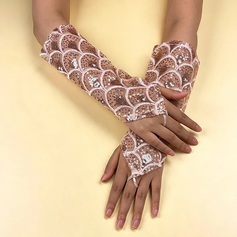 29cm Women Mermaid Sequins Hook Finger Gloves Creative Stage Performance Cosplay Embroidery Halloween Dance Party Nightclub