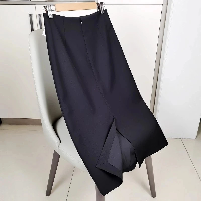 2025 Spring Autumn New OL Commuter Professional Black Skirts Office Ladies Wrap Hip Skirts High Waist A-line Split Skirts Women