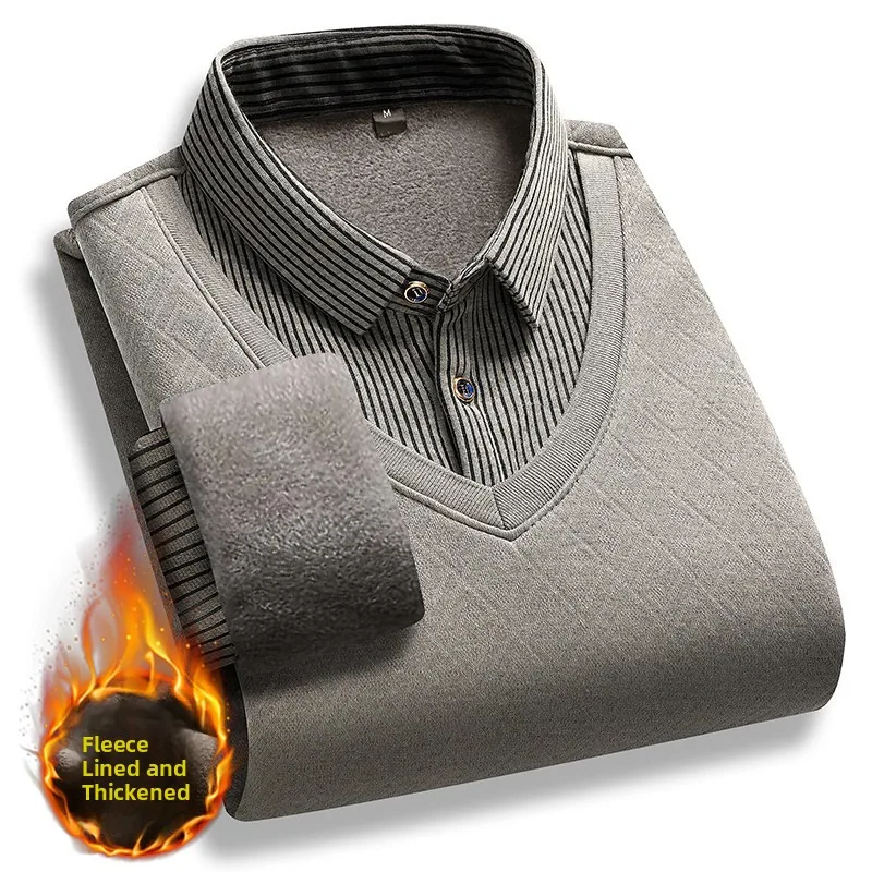 

Men's Small Size Faux Two-Piece Knitted Sweater Thiened Fce Warm Heavyweight ort Sve irt Collar Autumn Winter