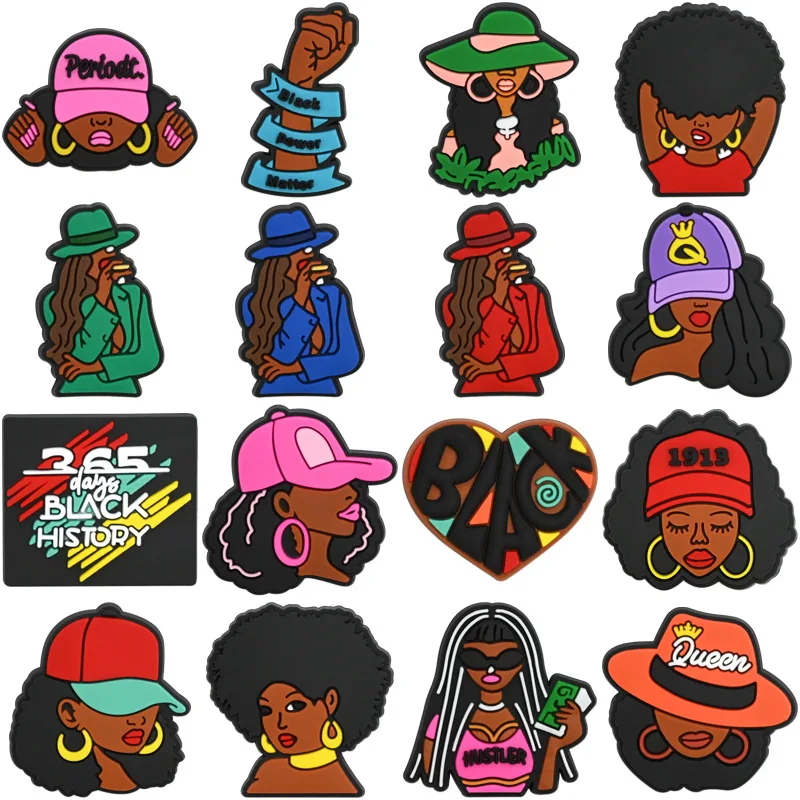 16pcs Beautiful Black Girls Shoe Charms for Clogs Shoe Decoration Premium Quality Popular Shoe Accessories for Great X-mas Gift