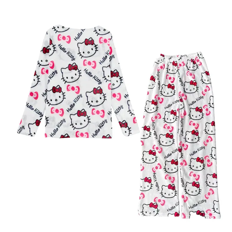 2024 New Model Hello Kitty Pajamas Woman Autumn Winter Flannel Thickened Flannel Cartoon Kawaii  Wearing Outside  Home Suit Set