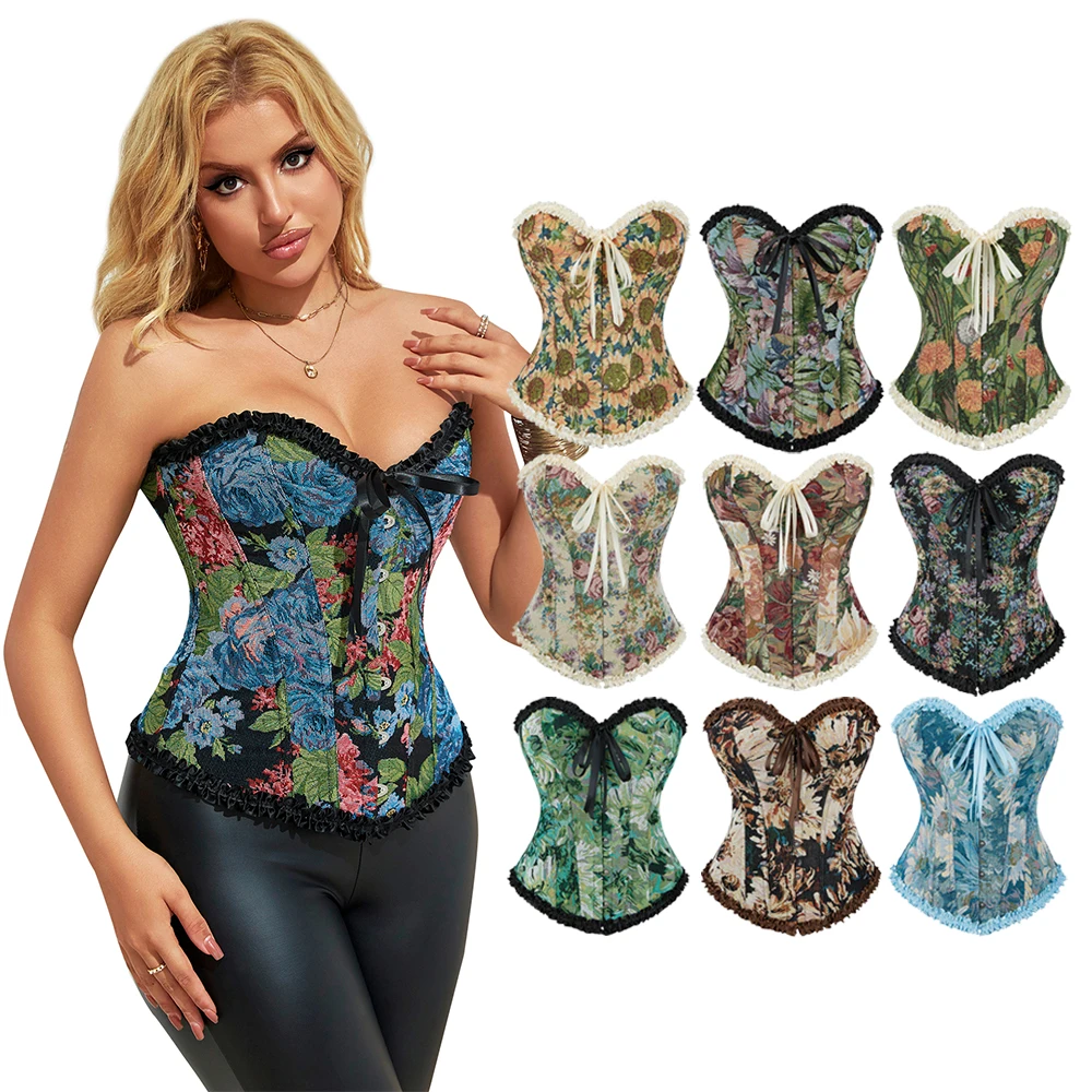 

Pastoral Style Overbust Corset Oil Printing Floral Shaper Korset Medieval Vintage Bustier Top