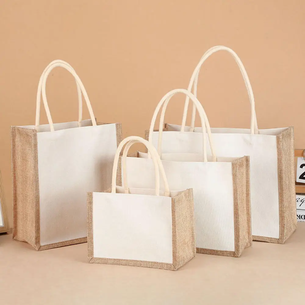 Women Jute Burlap Tote Bag Large Reusable Grocery Bags with Handles Swag Bag Shopping Bag Water Resistant White DIY Bag