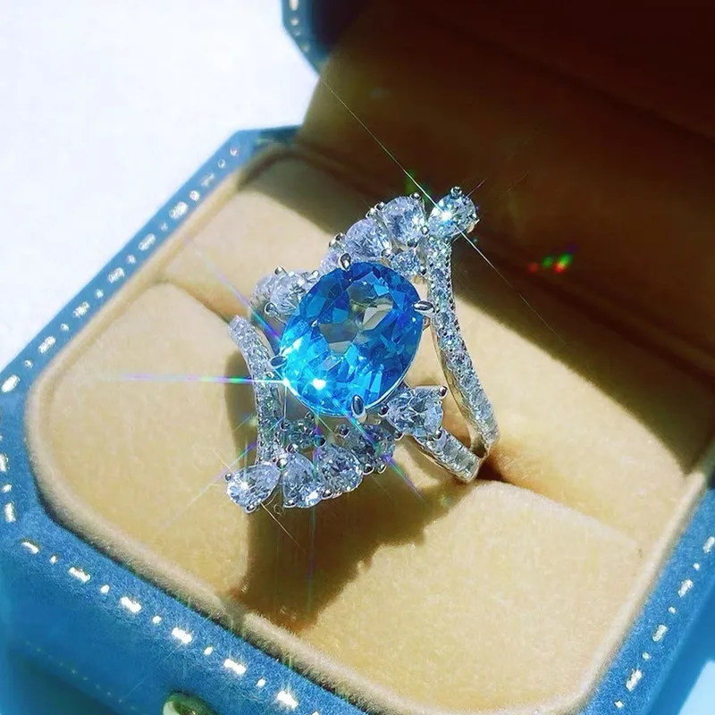 

Sparkling Blue Topaz Aquamarine Diamonds Rings for Women 18K White Gold Sterling Silver 925 Bijoux Party Fine Jewelry Accessory