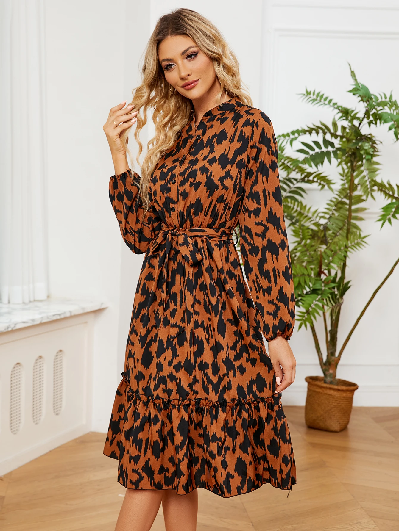 Women's Chic Leopard Printed Fashion Slim Long-sleeved  A-line Long Midi Dress Boho Y2k Casual Streetwear