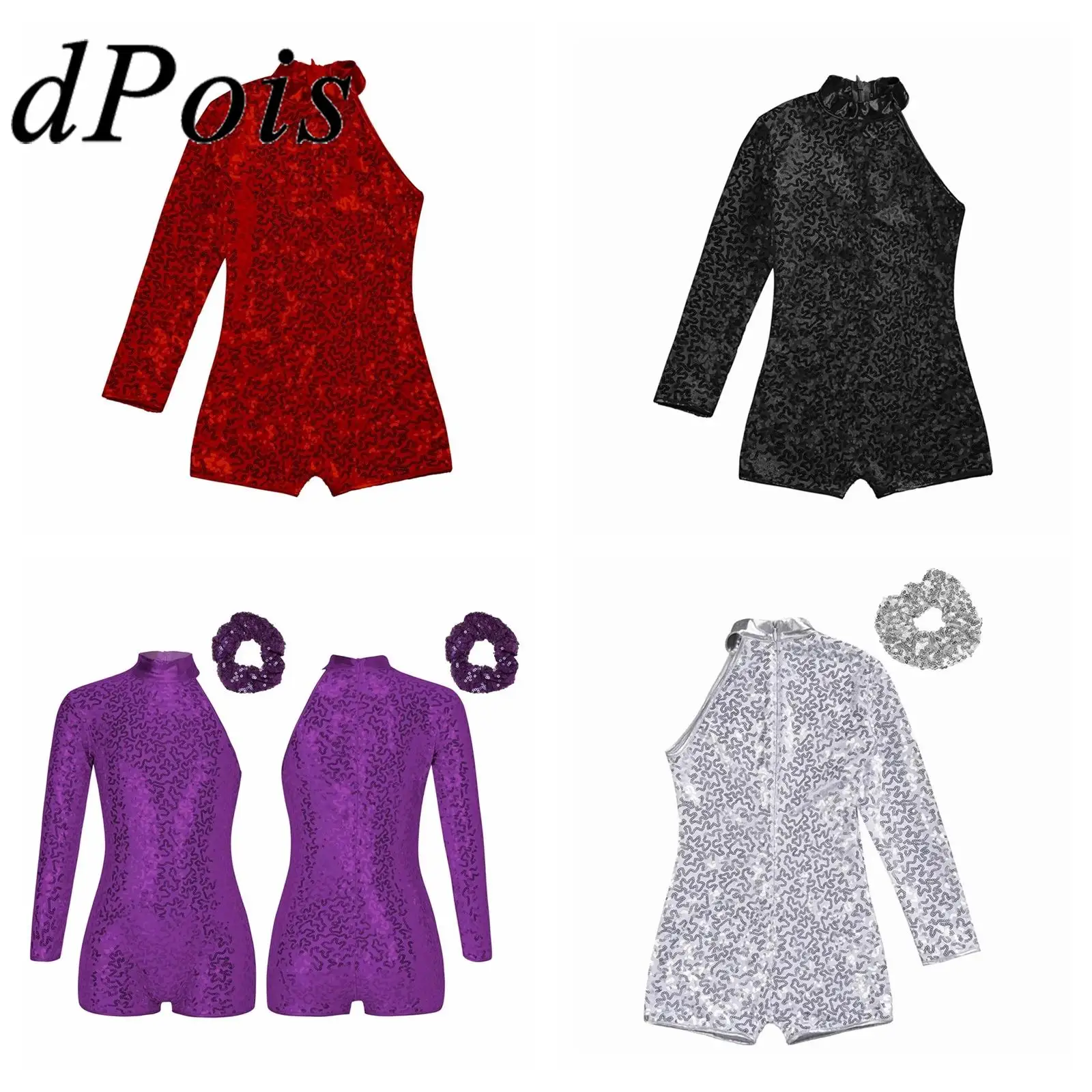 Mädchen Shorty Ganzanzug Kinder Single Langarm Glänzende Pailletten Strampler Trikot Bühne Leistung Straße Hip-Hop Jazz Dance Kostüm