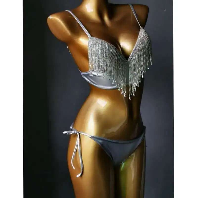 

2025 New Deep V Hard Cup Swimsuit, Tassel Sewing Dia Nightclub Dress, Bikini