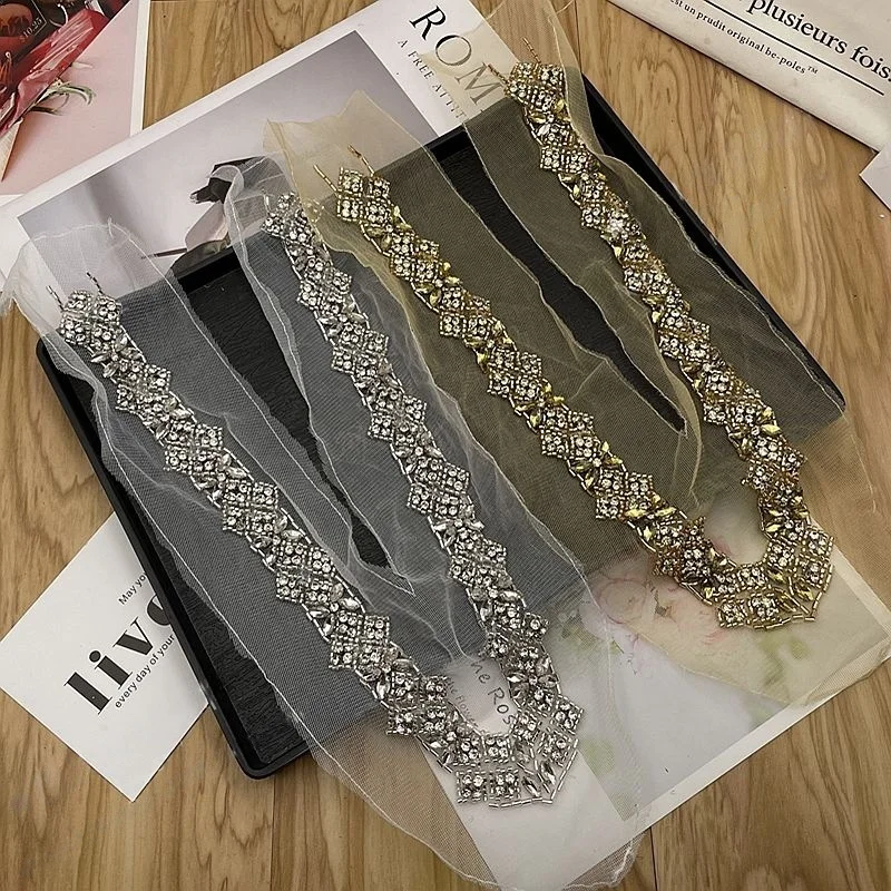 Sew on Rhinestone Faux Tie Collar Applique patches DIY Beaded Lace Embroidery V Neck Neckline Patch for Wedding Evening Dress