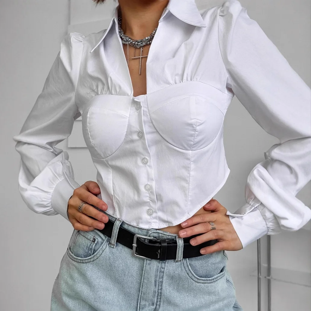

Commuter White Lapel Bubble Sleeve Shirt Women's Autumn Fashion Workplace Cotton Short Top Women's Clothing