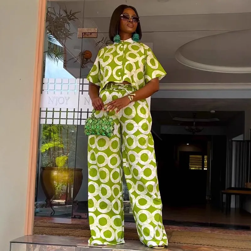 

African Women's Short Sleeve Cardigan Shirt High Waist Wide Leg Pants European and American Style Plus Size Casual Fashion Two-P