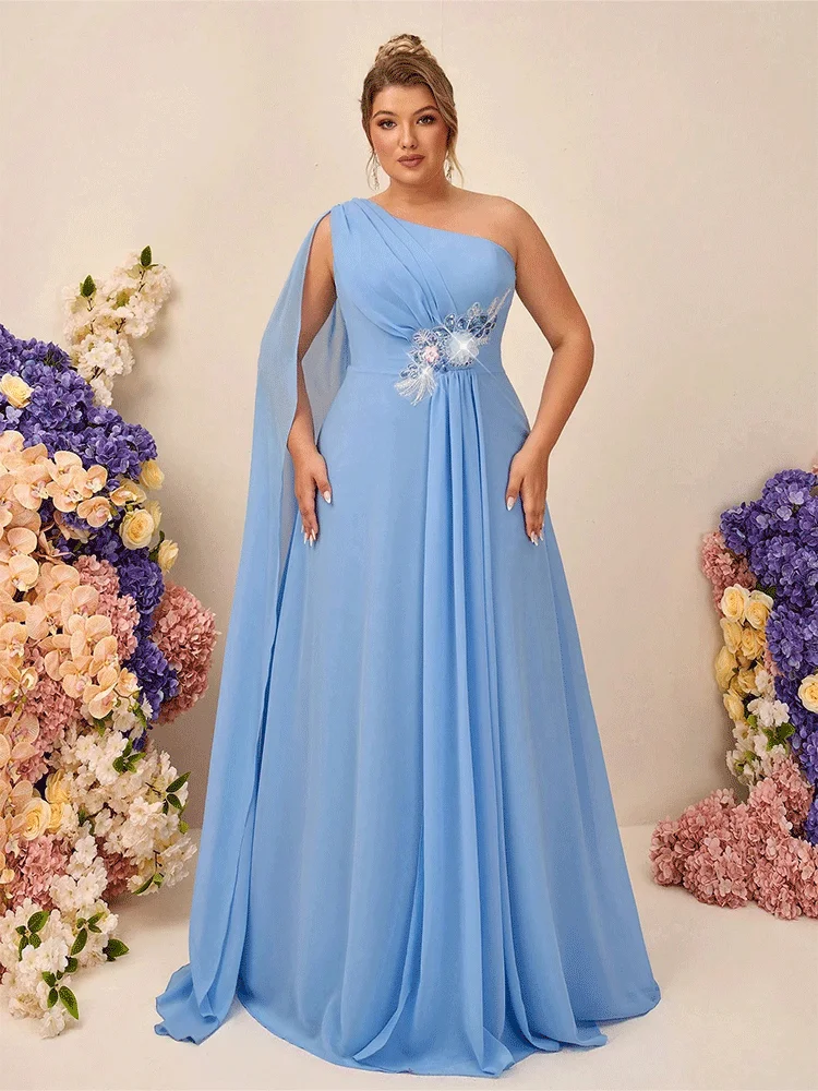 Plus Size One Shoulder Water Blue Chiffon Applique Banquet Evening Dress Luxury Wedding Banquet Floor-Length Evening Dress image 2