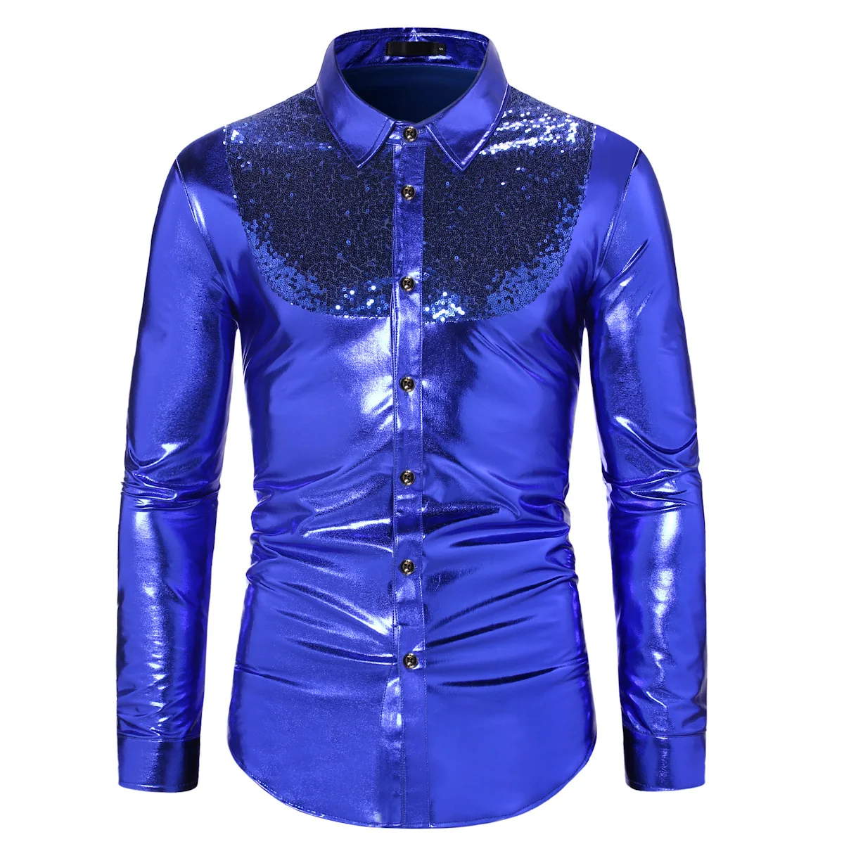 Glanzende Heren Shirt Prom Disco Night Club Lovertjes Metallic Cosplay Kleding Lange Mouw Shirts Halloween Bday Party Stage Kostuum