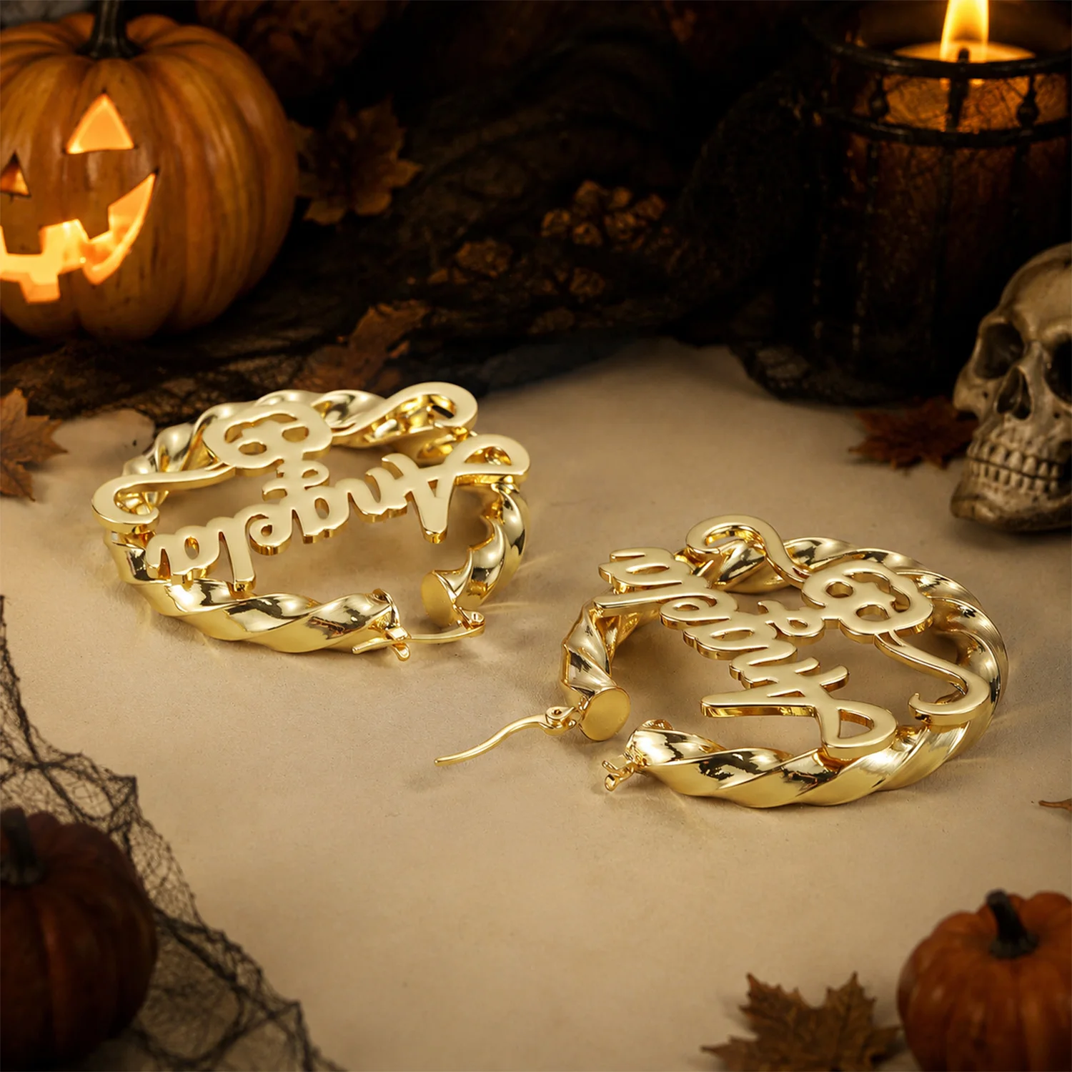 Benutzerdefinierte Twist-Creolen mit Namen, personalisierte Buchstaben-Ohrringe aus Edelstahl, große Creolen 30-100 mm für Damen, Schmuck, Halloween-Geschenke – Detail 6