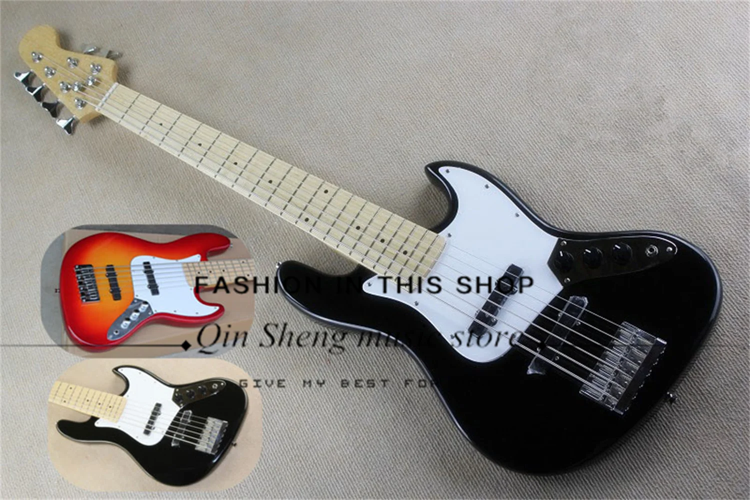 Black Bass,6 strings bass,basswood body, maple neck, maple fingerboard, white pickguard,fixed bridge,chrome tuners