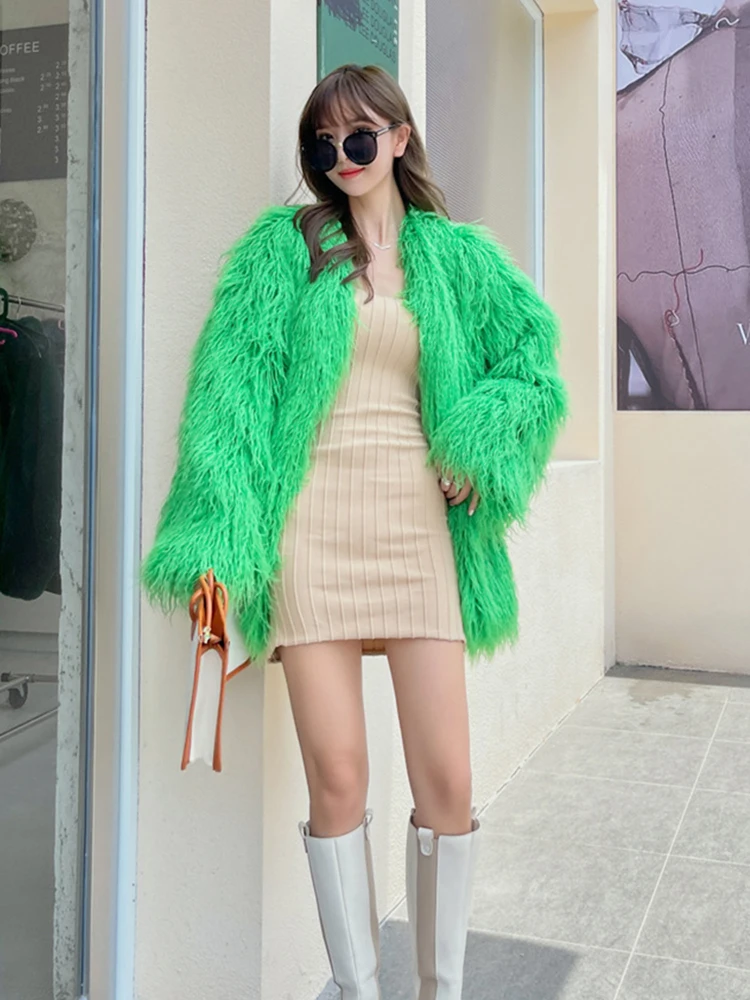 ZADORIN Winter Oversized Long Faux Sheep Fur Coat Women V Neck Fluffy Pink Faux Fur Jacket Office Streetwear Fur Coats 2024 Tops