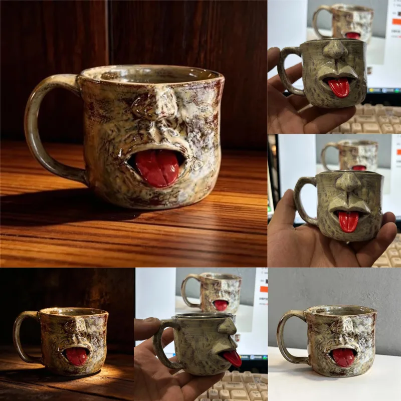 

3D Funny Face Shaking Tongue Vintage Retro Handmade Ceramic Novelty Coffee Mug Prank Tea Bag Holder For Christmas Birthday Gift