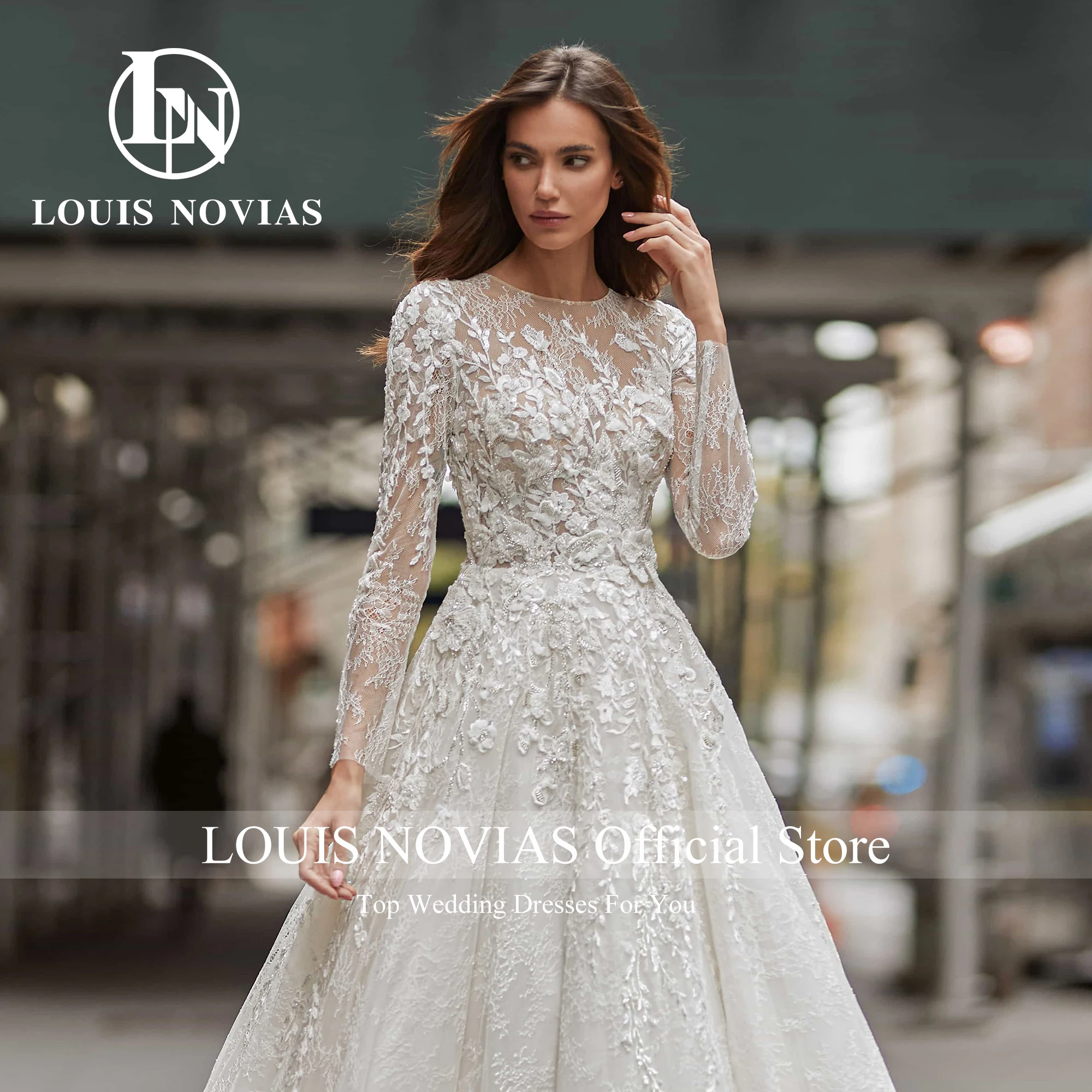 LOUIS NOVIAS A-Line Wedding Dresses SCOOP Sequined Illusion Beading Long Sleeve Brush Train Wedding Gown Vestidos De Novia