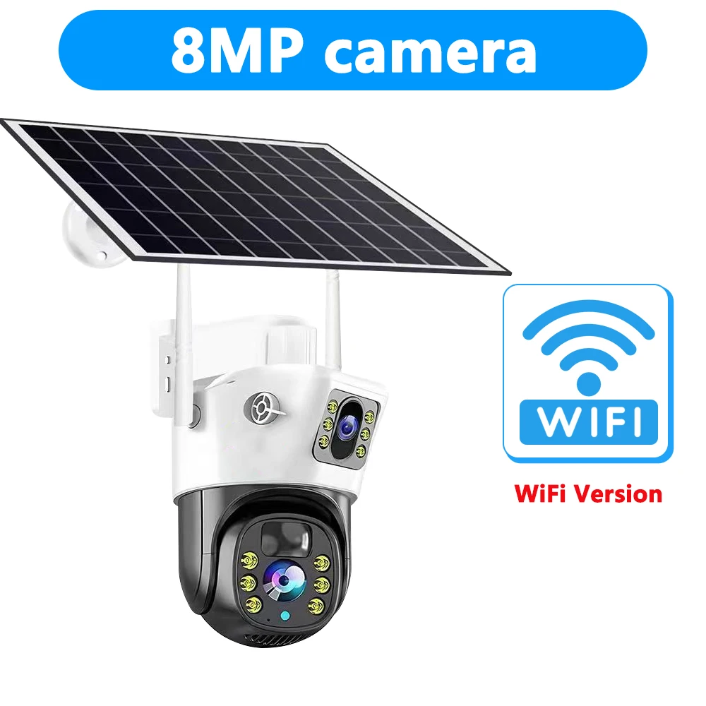 Caméra de surveillance vidéo extérieure solaire WIFI SIM 8MP double objectif, V380 360 PTZ batterie 
