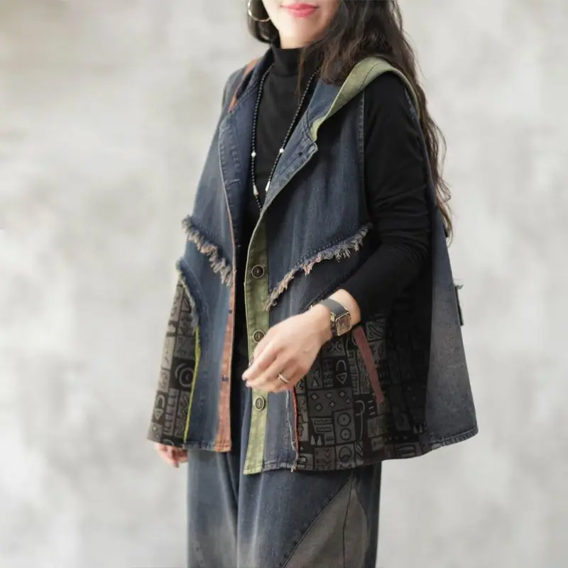 

Retro Color-blocked Hooded Vest Suit Spring and Autumn New Loose Craned Fashion