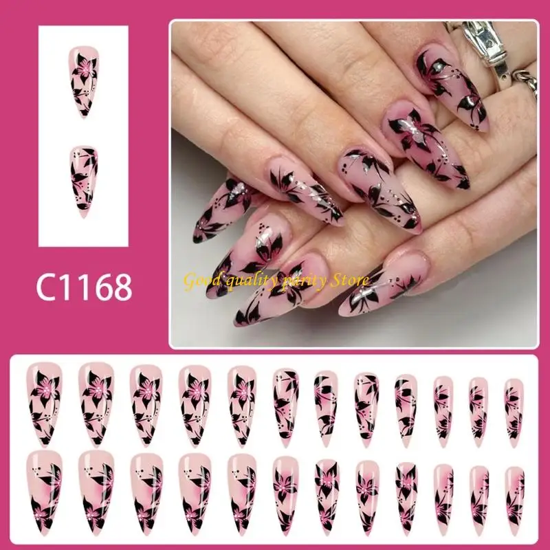 M4YA 24PCS lấp lánh làm móng tay trên đầu móng tay dài hình bầu dục