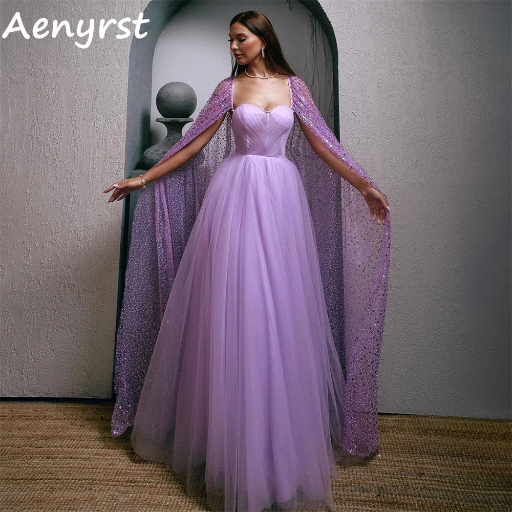 Aenyrst Elegant Sweetheart Long Cap Sleeves Prom Dresses A Line Sequined Pleated Evening Gowns Floor Length Formal Party Dress