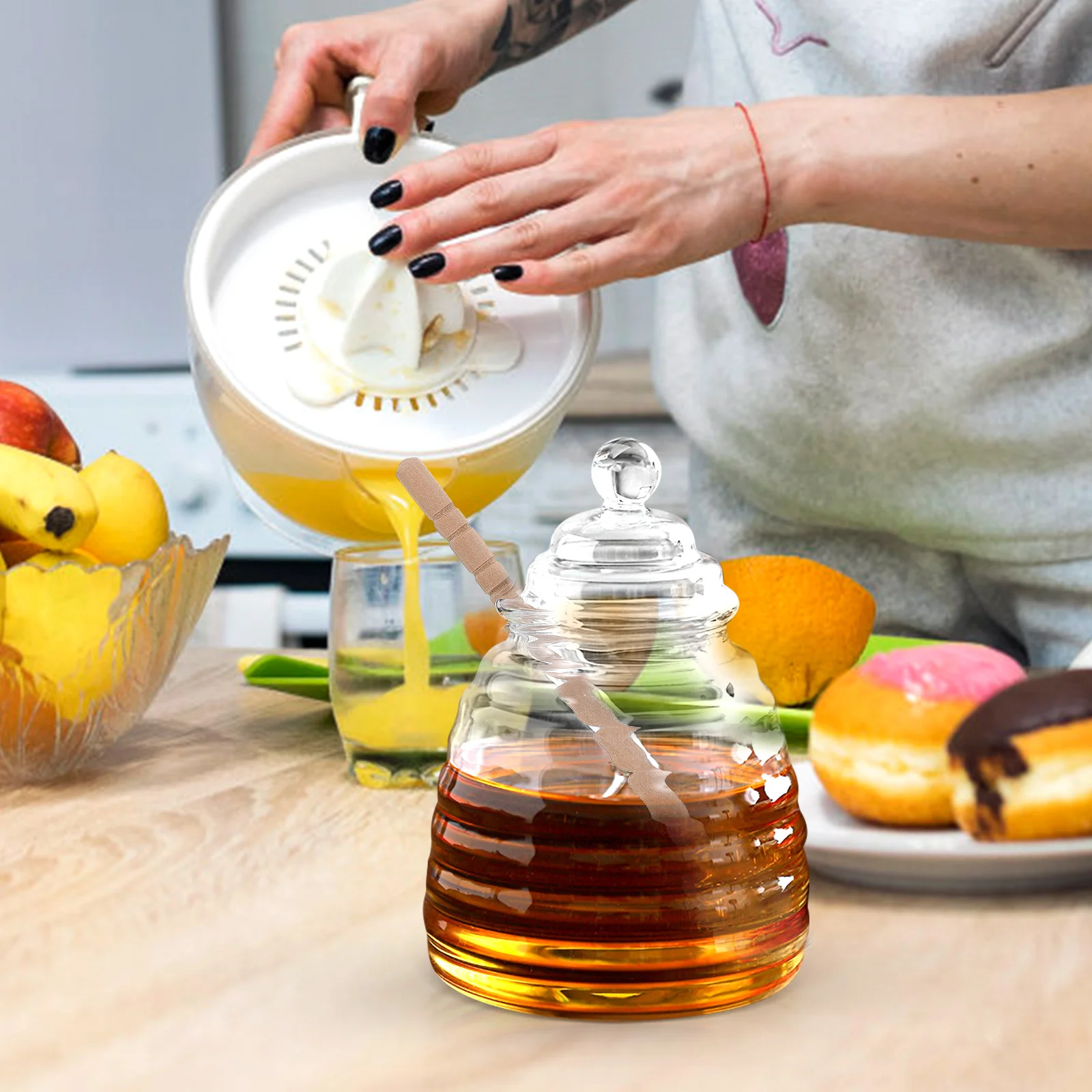 

Glass Storage Container Syrup Dispenser Stirrer Transparent High Borosilicate Large Size Wooden Bar Food