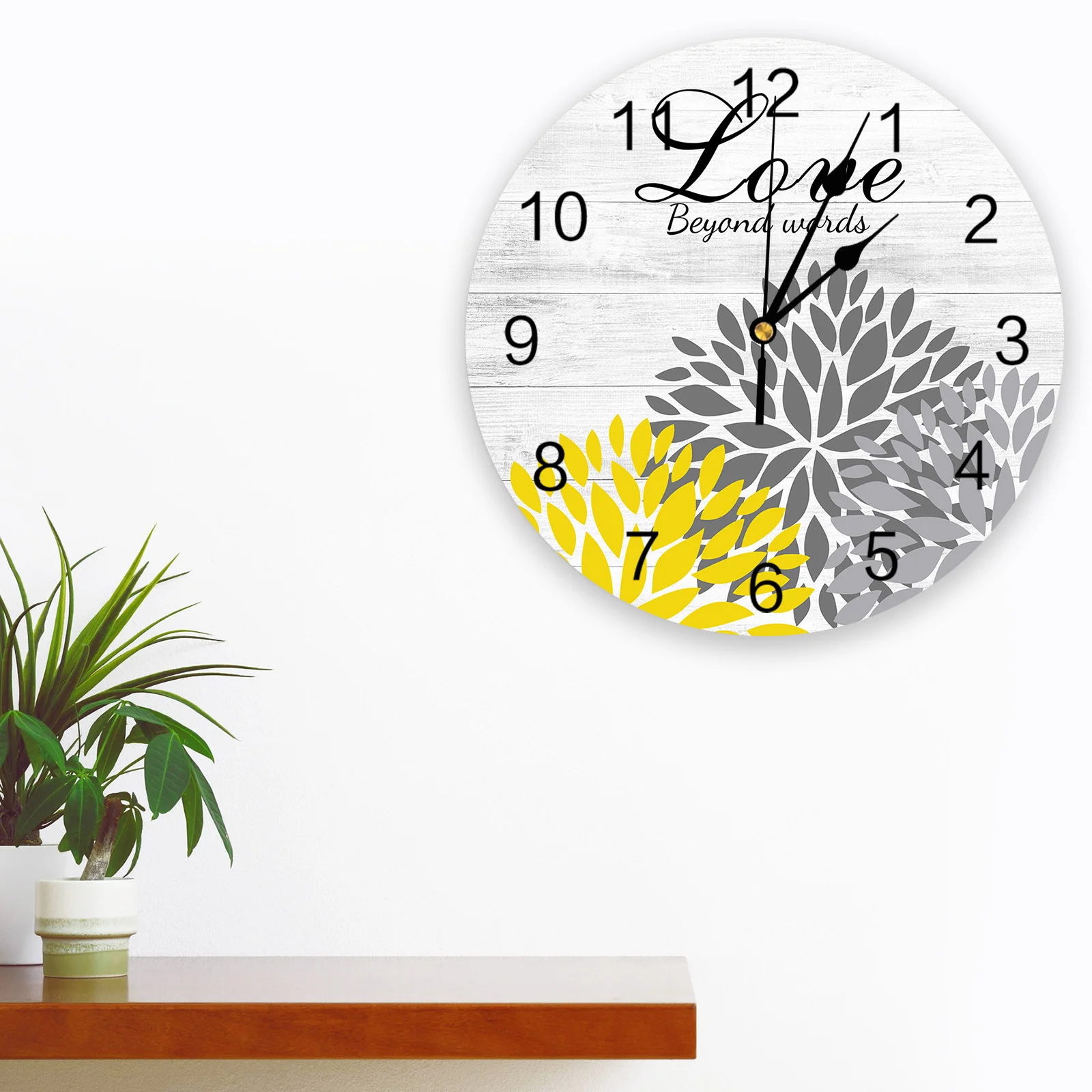 Flower Grey Yellow Dahlia Wood Grain Wall Clocks Silent Home Cafe Office Wall Decor Clocks for Kitchen Art Large Wall Clocks