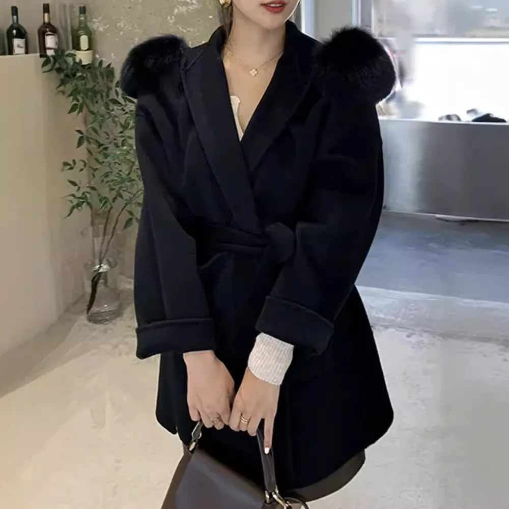 2024 new fox fur collar double-sided woolen coat medium long hooded autumn and winter slimming and anti-aging women's wool coat