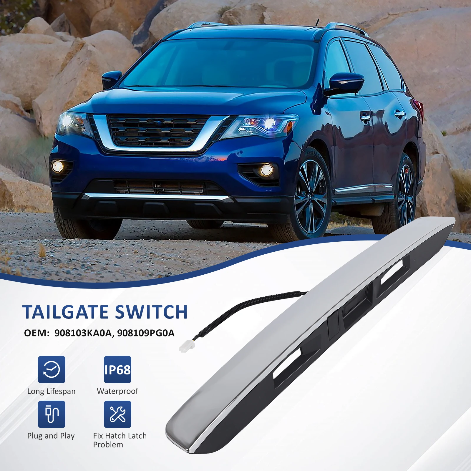OEM 90810-9PG0A 908103KA0A Car Rear Trunk Switch Tailgate Door Chrome Liftgate Handle For Nissan Pathfinder 2013 2014 2015-2019 2