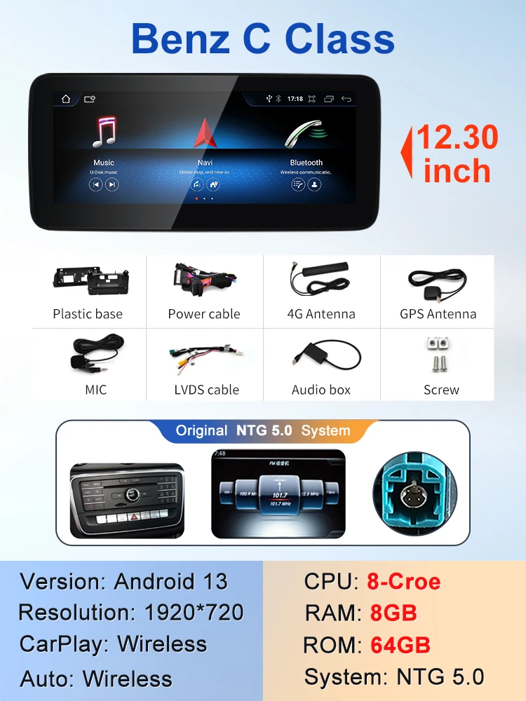 STWEI 2024 Nieuwe Auto Multimedia Draadloze Android AUTO CarPlay 12.3 inch Scherm Voor Mercedes Benz C Klasse GLC W205 S205 Spelers