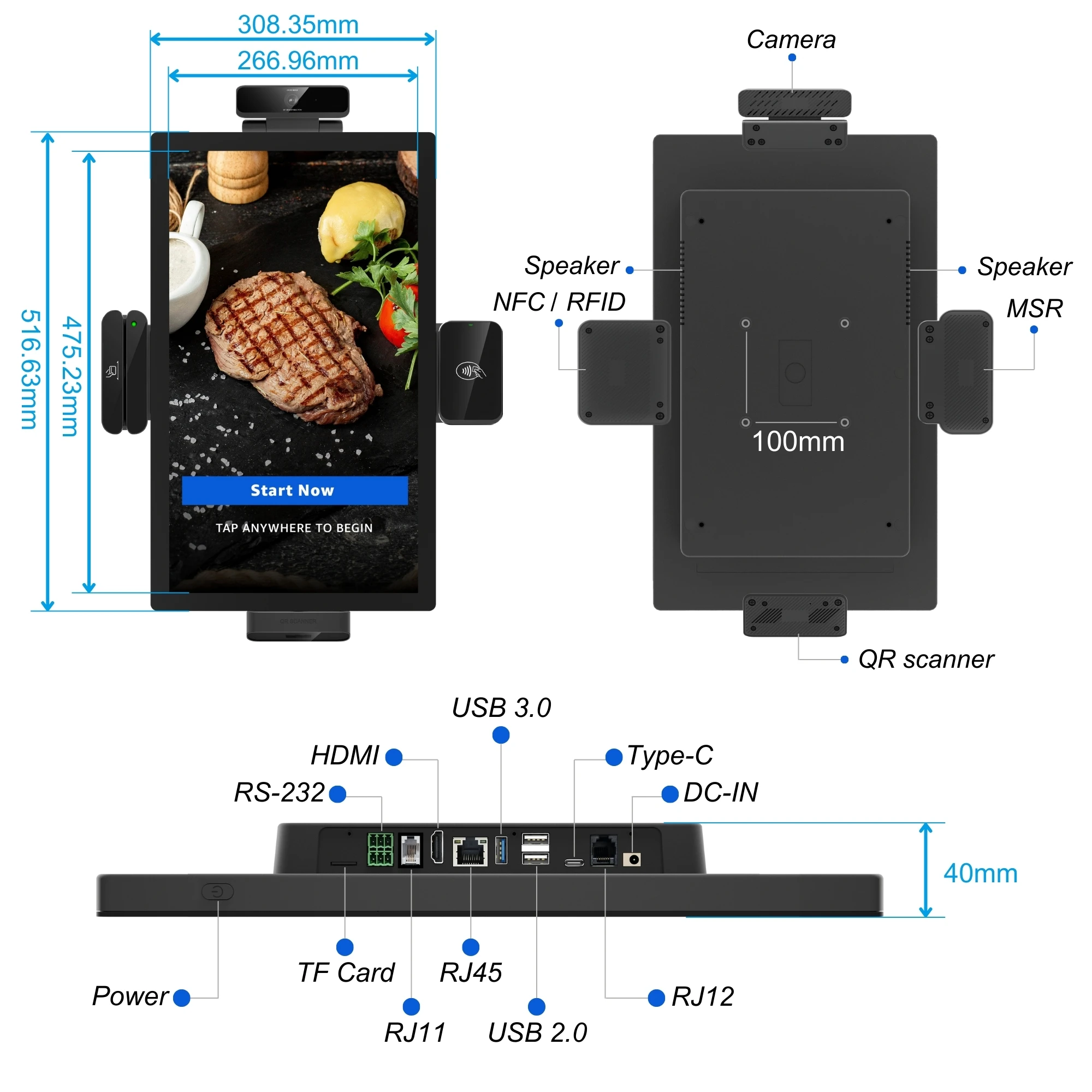 Office Building Visitor Management Wall Mount Kiosk Android 14 Face Recognition Access Control Terminal Poe Power Supply