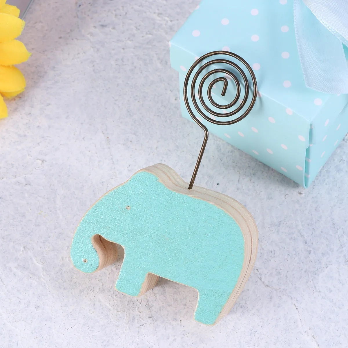 Wooden Elephant Note Clip with Spiral Base Desktop Photo Stand Paper Holder for Reception Menu Place Cards Home Office