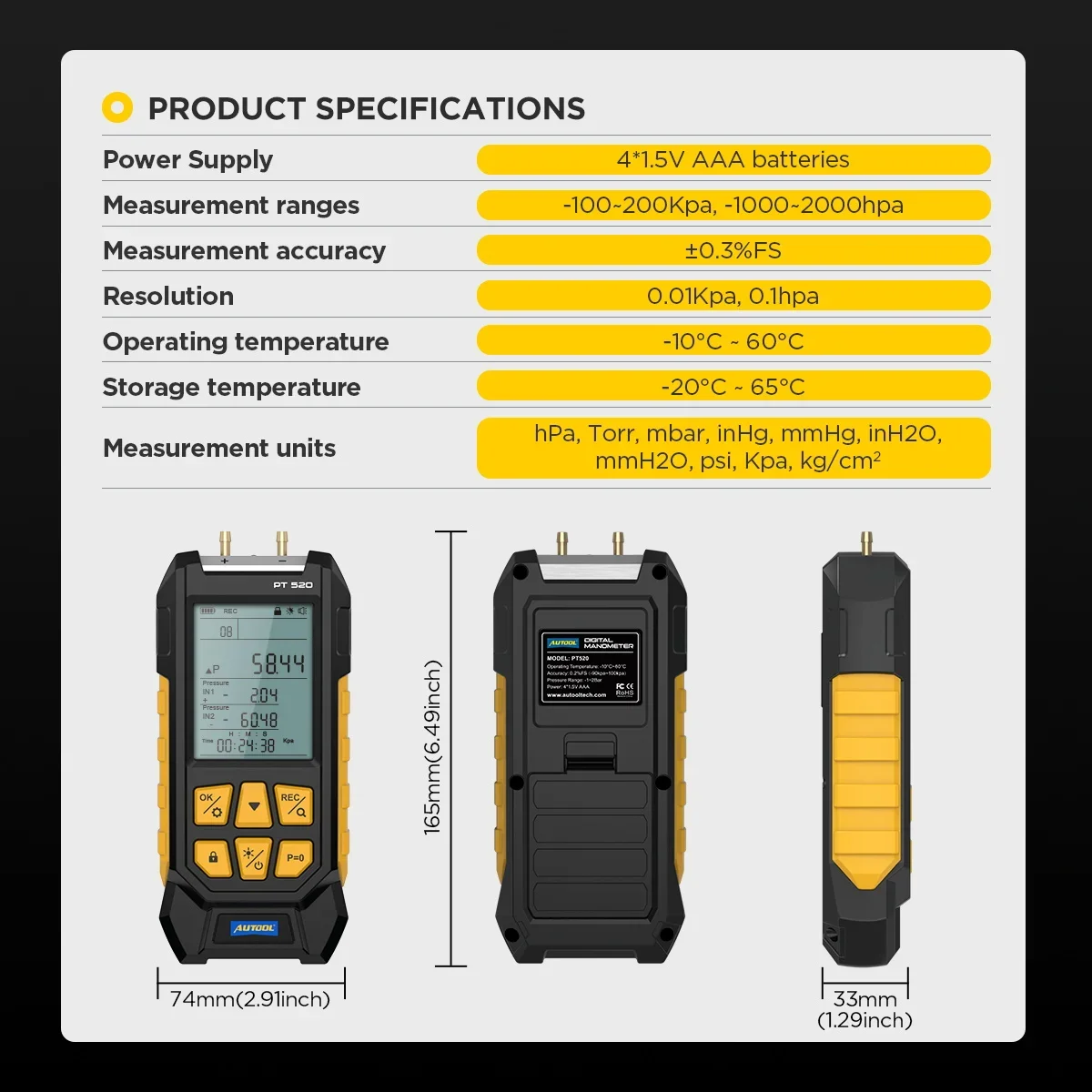 PT520 High Precision Digital Gauge Manometer For Gas Pressure With Flashlight Display