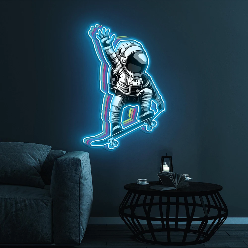 Astronauta Skateboard LED Neon Sign Pop Art Spaceman Light camera da letto sala da gioco decorazione della parete insegne al Neon Home Room Decor regalo per bambini