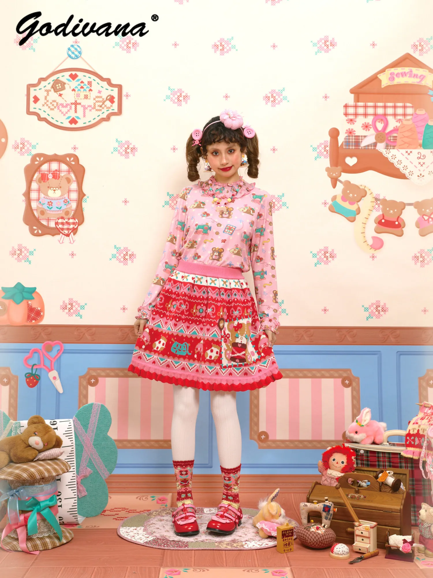 Red Fair Isle Knitted Mini Skirt New Autumn and Winter Sweet Girls Female Cartoon Bear Printing Lace Trim Knit A-line Skirt