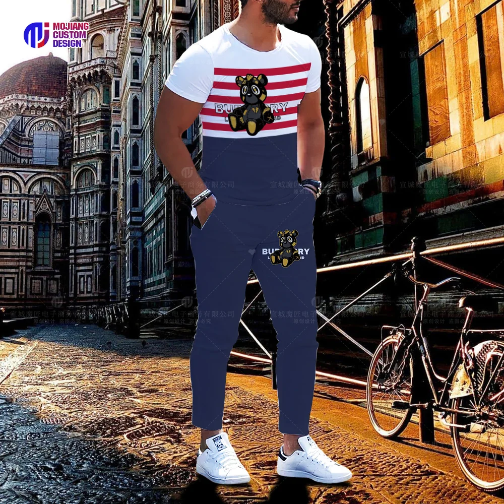 Camiseta de oso personalizada con estampado 3D para hombre, pantalones de manga corta, ropa deportiva de verano de 2 piezas, traje informal, ropa