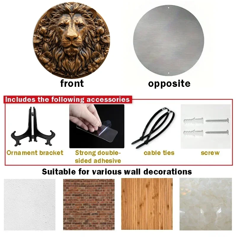 Round Waterproof Aluminum Metal Sign, Weather-Resistant Outdoor Wall Decor, Textured Lion Sculpture, Home Decoration, High-Qua