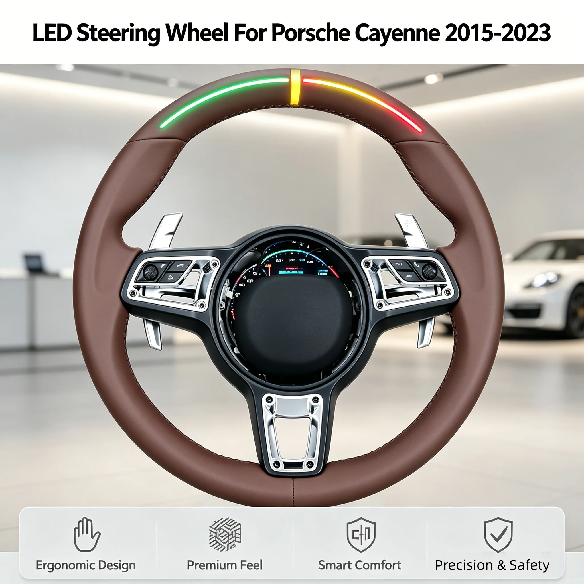 Suitable for 2015-2023 Porsche Cayenne GT 4.0T modified high-end vintage brown full-leather car steering wheel