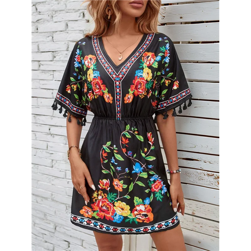 NIEUW-Fiesta geborduurde Mexicaanse jurk voor dames strandvakantie plus size zomer boho-jurken met korte mouwen en zak