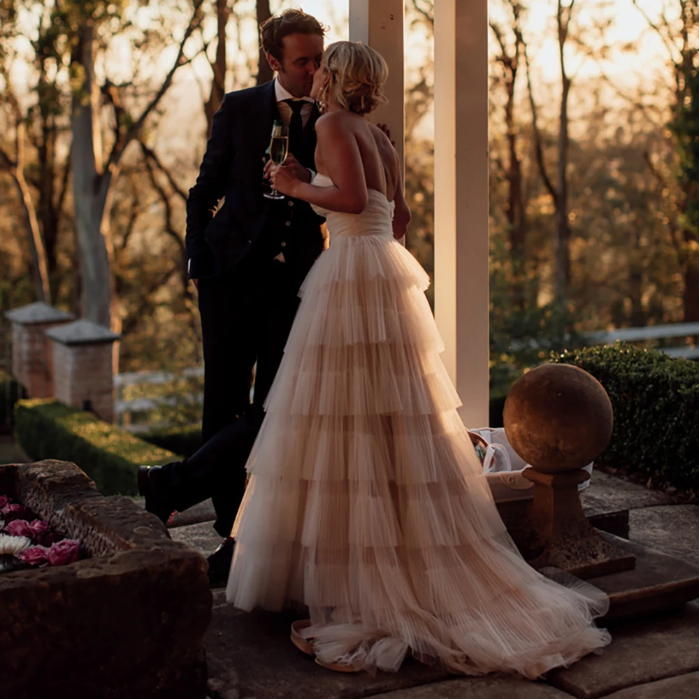 Maxivestido de novia de tul fruncido, elegante, recto, sin tirantes, de malla escalonada, con cremallera en capas, tutú de princesa, rústico