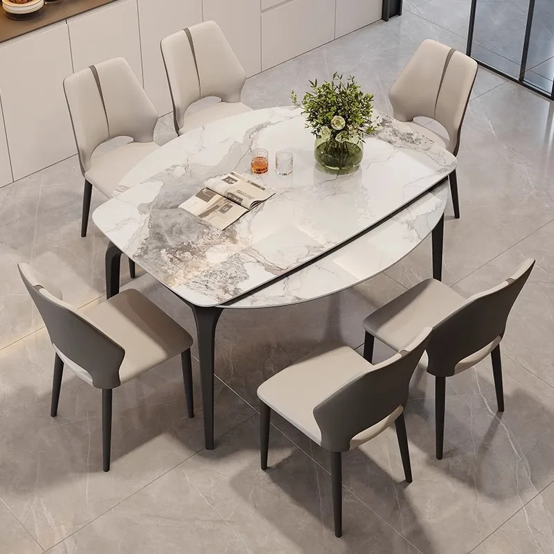 

Retractable rock slab dining table household small apartment modern simple variable round folding dining table