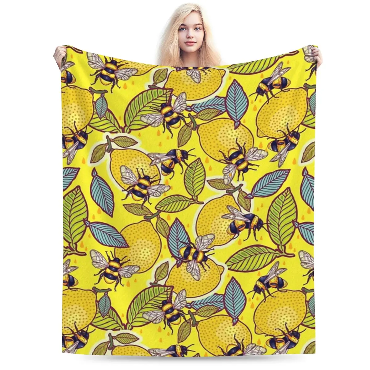 

Yellow Lemon And Bee Garden Blanket Soft Warm Flannel Throw Blanket Plush for Bed Living room Picnic Travel Home Sofa