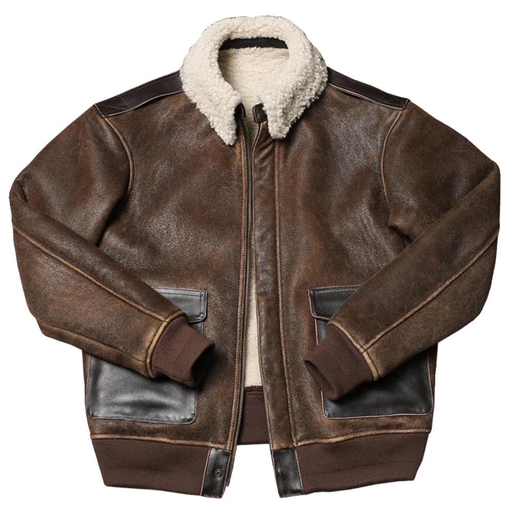 American Fashion A2 Style Men's Bomber Coat Fur Collar Woolen Fleece Shearling Jackets Man Winter Real Leather Overcoat