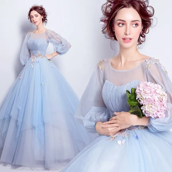 

Spring 2024 New Simple Quinceanera Dresses Long Sleeved Lace Appliques Blue Fairy Princess Party Birthday Gowns Vestido De Novia