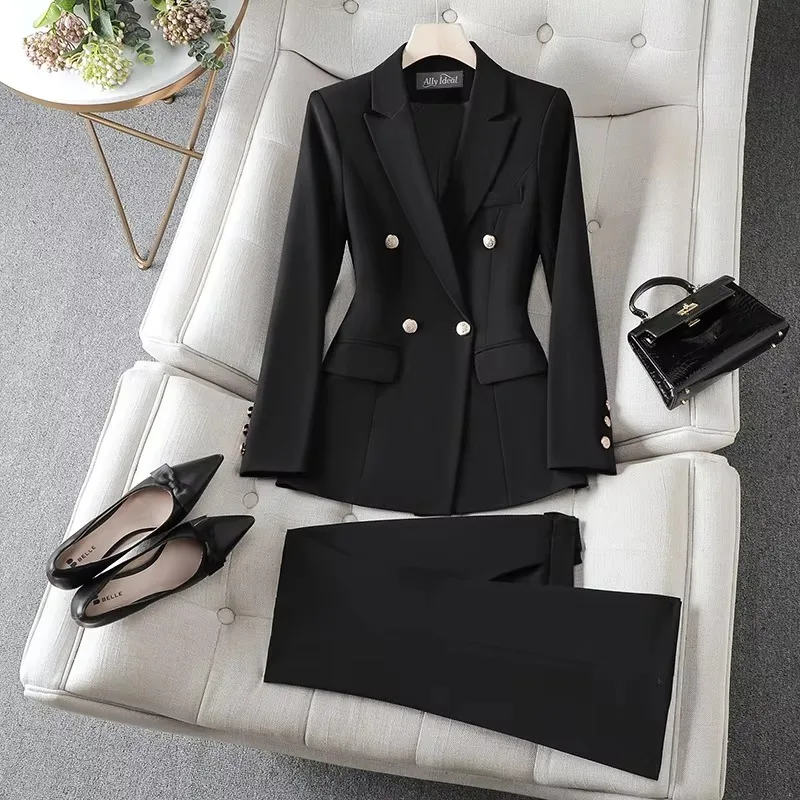 Women Blazer Suits Two Piece Long Pant Set Elegant Sleeveless Cardigan V Neck Coats Suits Solid Office Lady Bussiness Autumn