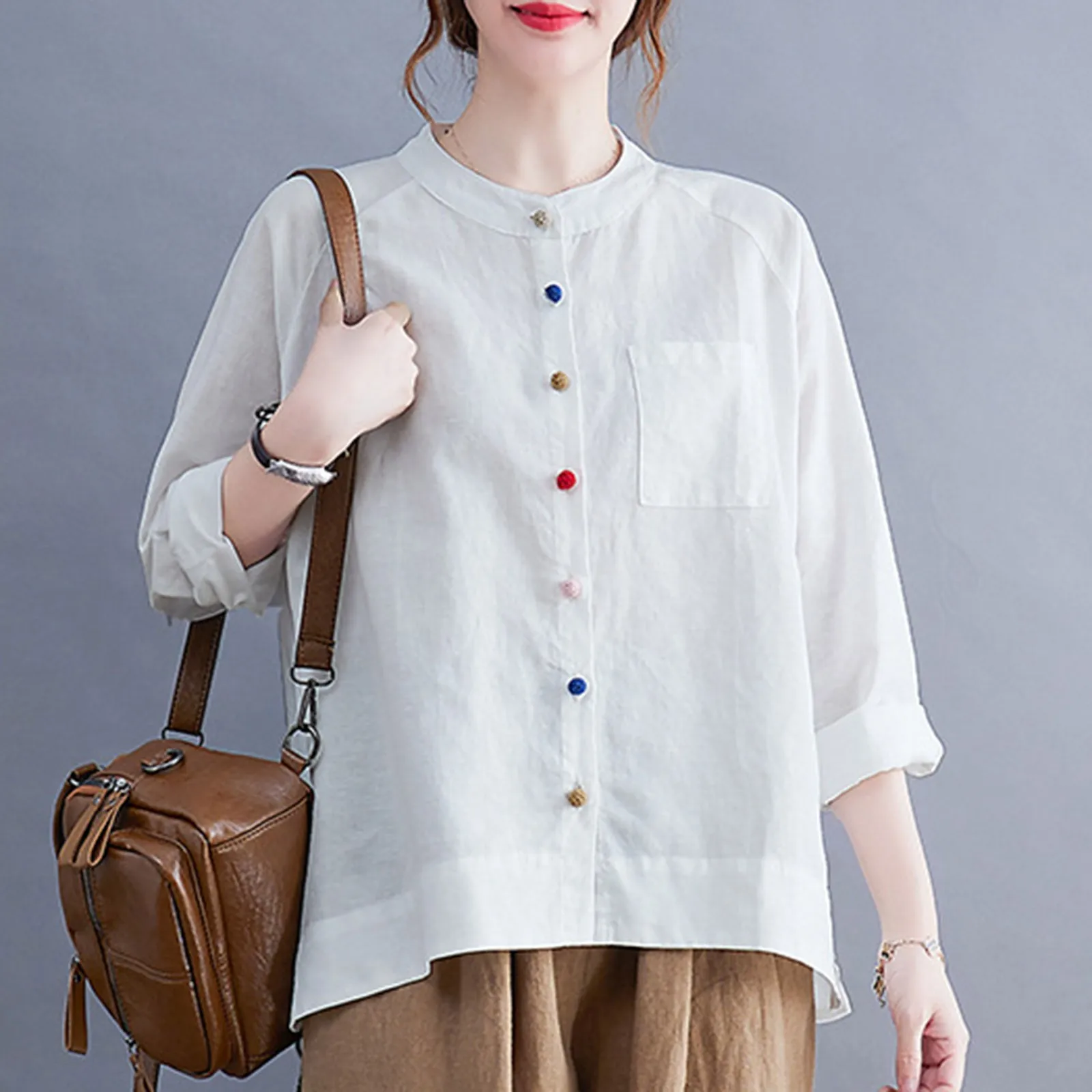 Women'S Shirt 2024 Autumn New Fashion Colourful Button Retro Art Shirt Solid Colour Round Collar Casual Loose Pocket Blouse Tops