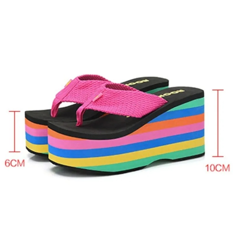 

Outdoor 10CM High Heels Platform Slippers New Summer Women Slippers Rainbow Wedges Beach Flip Flops Ladies Fashaion Slides Shoes